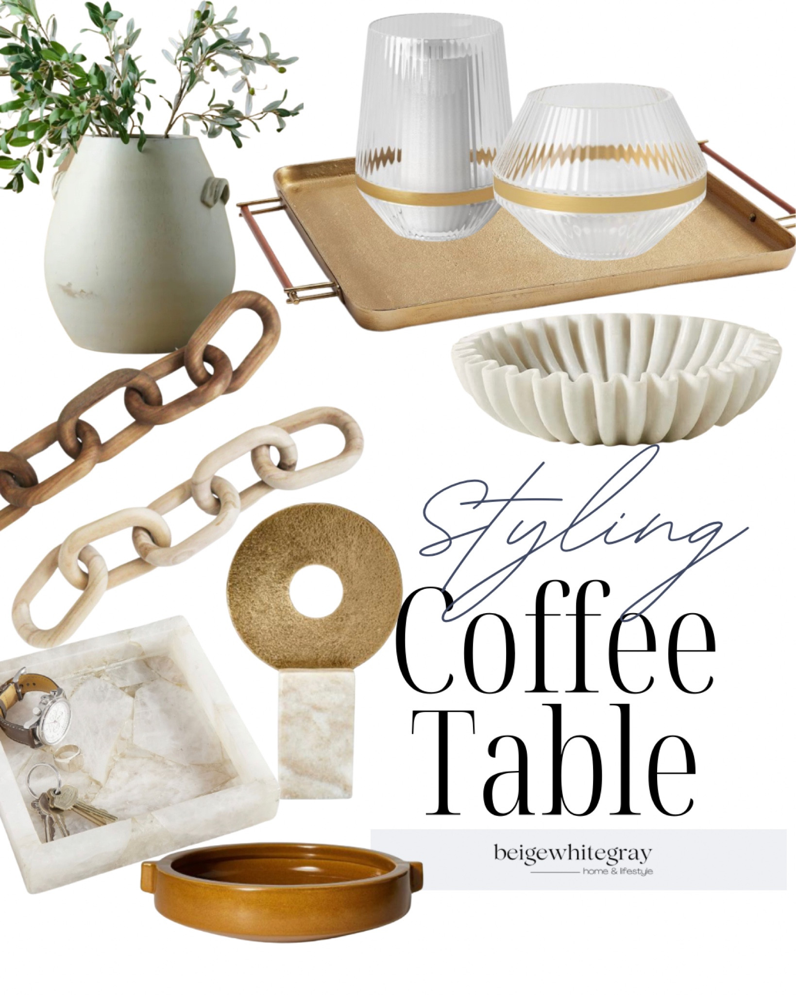 Coffee table styling!! Loving these beautiful accessories that will help make your coffee table look on point. From the brass tray to ground your accessories, to the ruffle bowl and vase and beautiful hurricane candle holders. 

#LTKstyletip #LTKhome #LTKfindsunder100