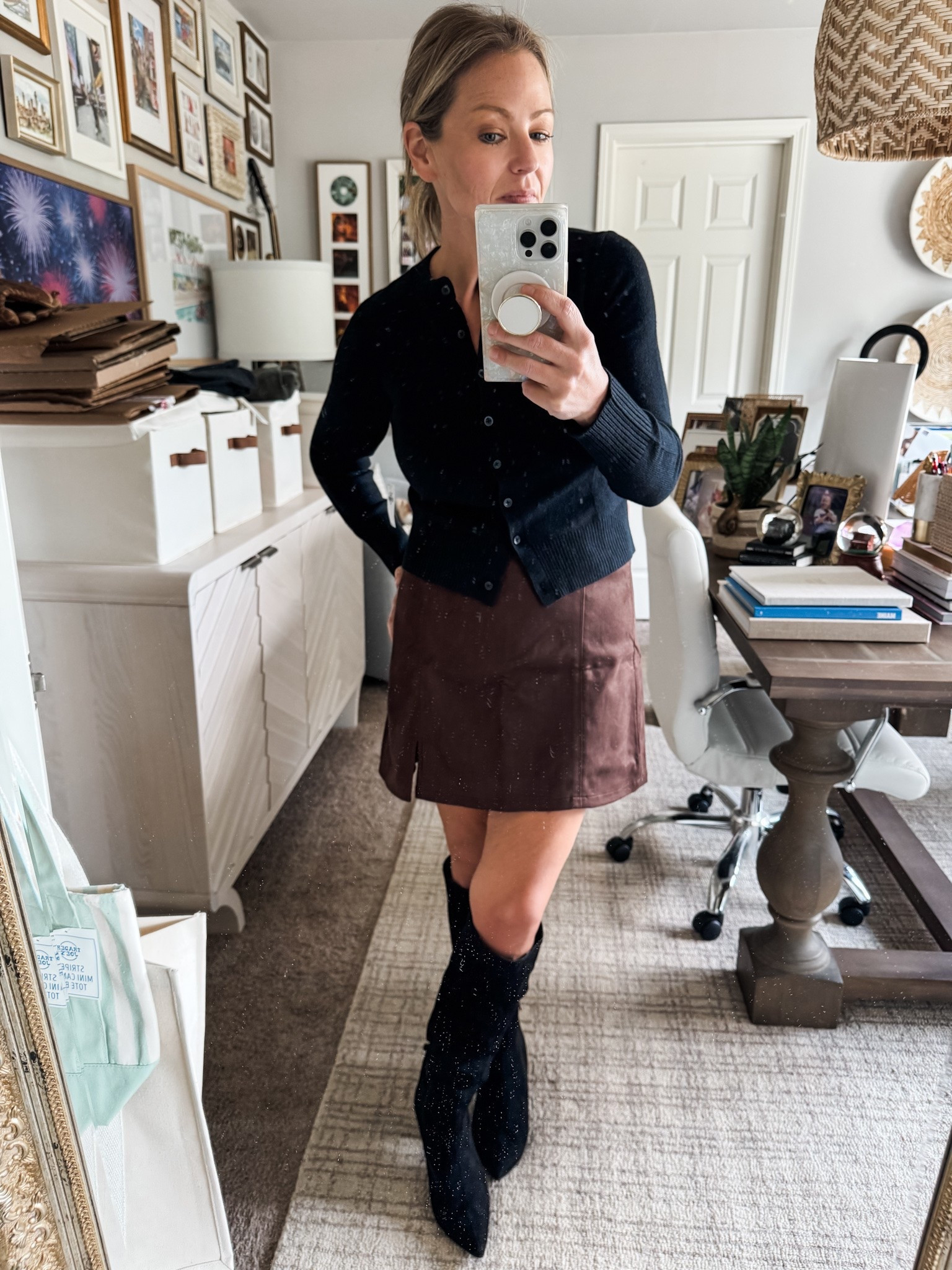 Adore this classic cropped button down cardigan/mini skirt combo! And it’s such a budget friendly combo today! The skirt is faux suede and comes in a tan too.

#LTKSaleAlert #LTKOver40 #LTKPetite
