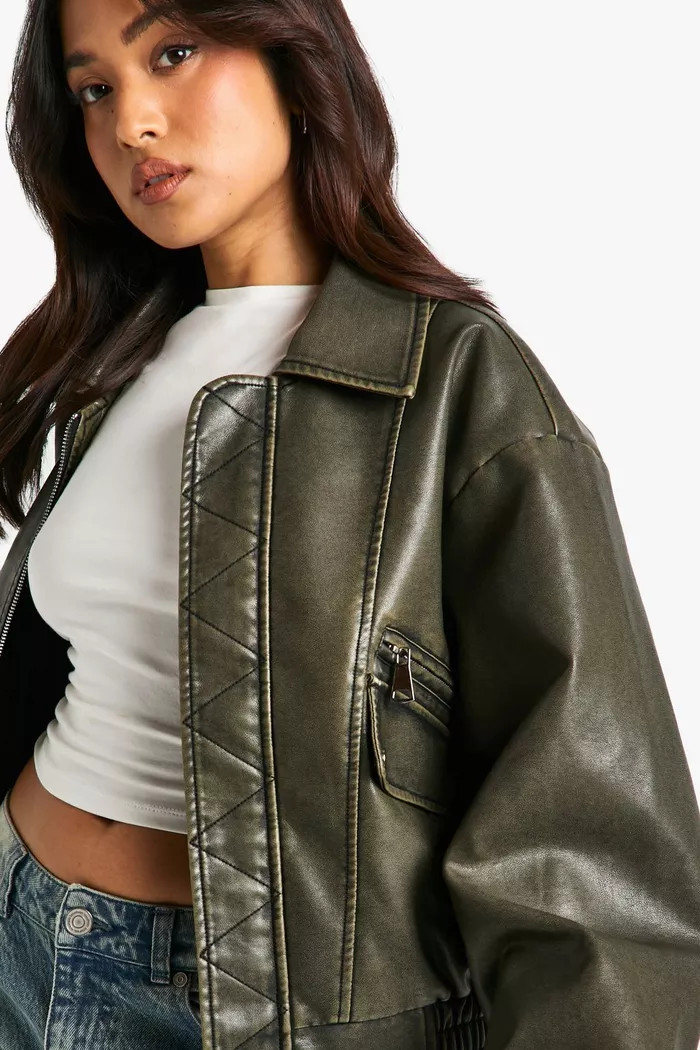 Petite Vintage Look Faux Leather Bomber Jacket | Boohoo.com (UK & IE)