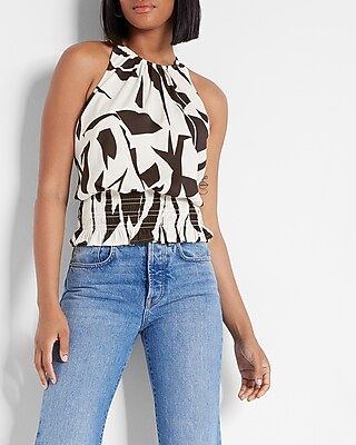 Conscious Edit Printed Ruched High Neck Smocked Waist Top | Express