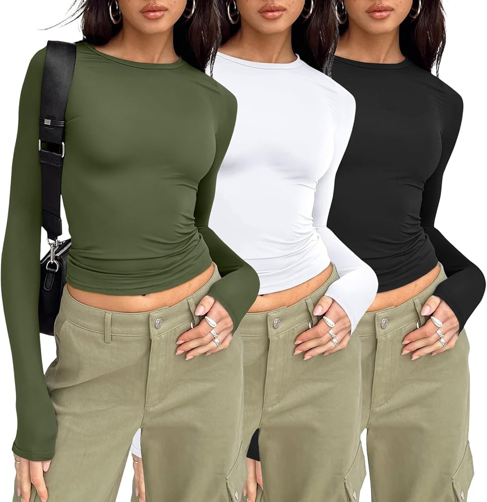 AUTOMET 3 Pack Womens Long Sleeve T Shirts Fall Fashion Basic Going Out Crop Tops Slim Fitted Win... | Amazon (US)