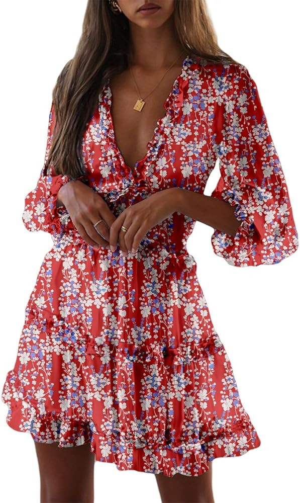 Dokotoo Womens 2024 Summer Fall Deep V Neck Long Sleeve Backless Ruffle Floral Flowy Mini Dress | Amazon (US)