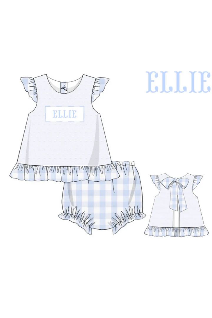 Pre-Order Smocked Name Swiss Dot Blue Gingham Bow Bloomer Set | The Smocked Flamingo