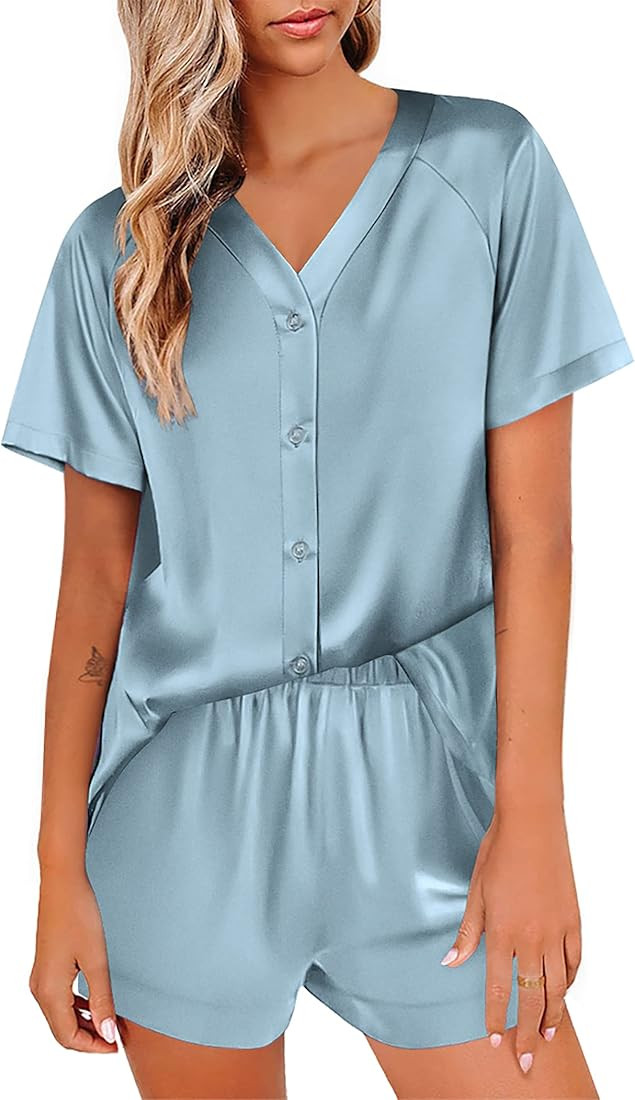 eshion Women Pajama Sets 2 Piece Satin Pj Set V-Neck Button Down Pajamas with Pockets S-XXL | Amazon (US)