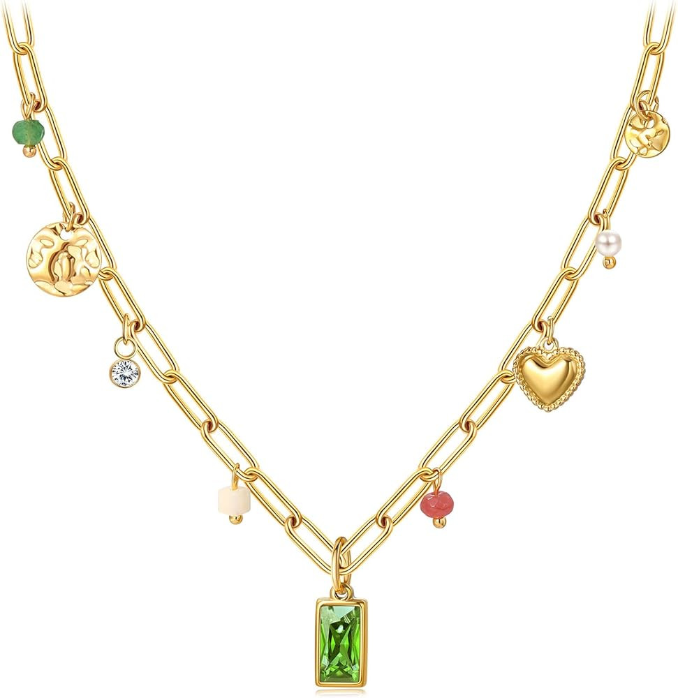 Gold Necklace for Women Dainty 14K Gold Plated Birthstone Necklace Green Blue Pendant Charm Neckl... | Amazon (US)