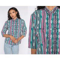 striped Southwest Shirt Button Up Southwestern Blouse 90S Aztec Top Green Pink Geometric 80S Vintage | Etsy (US)