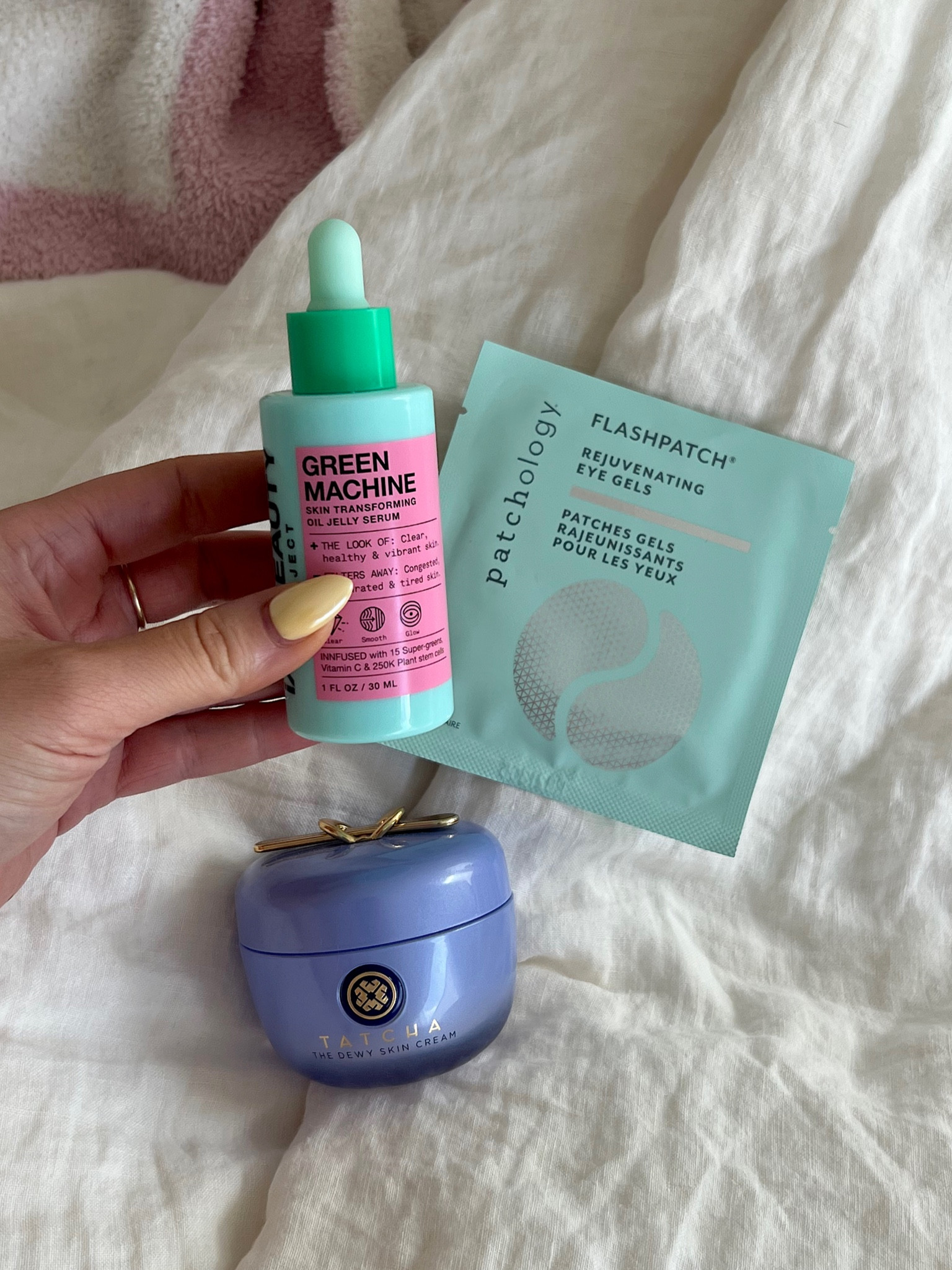 AM skincare today! Green machine by inn beauty is packed with super greens & vitamin C - helps reduce redness and improve skin tone. I love these eye patches because they come individually packed so they don’t dry out. Tatcha cream is the MOST hydrating and luxurious cream it’s amazing!! Smell is subtle I feel like it’s slight lavender maybe? It’s amazing and $$ but worth it in my opinion for super hydration! 

#LTKunder100 #LTKbeauty