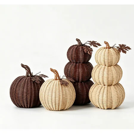 10 Inch Artificial Fake Pumpkin Ornament, Fall Pumpkin Decor Faux Basket-Weave Stacked Pumpkin with Metal Leaf, Centerpiece for Harvest Halloween Tabletop Home Porch Pumpkin Decor (#Beige, 1pc) | Walmart (US)