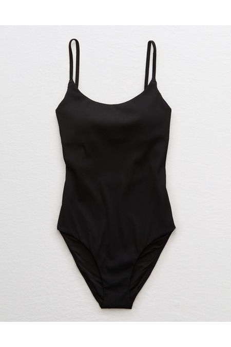 Aerie Ribbed Tie Back One Piece Swimsuit Women's True Black M Long | American Eagle Outfitters (US & CA)