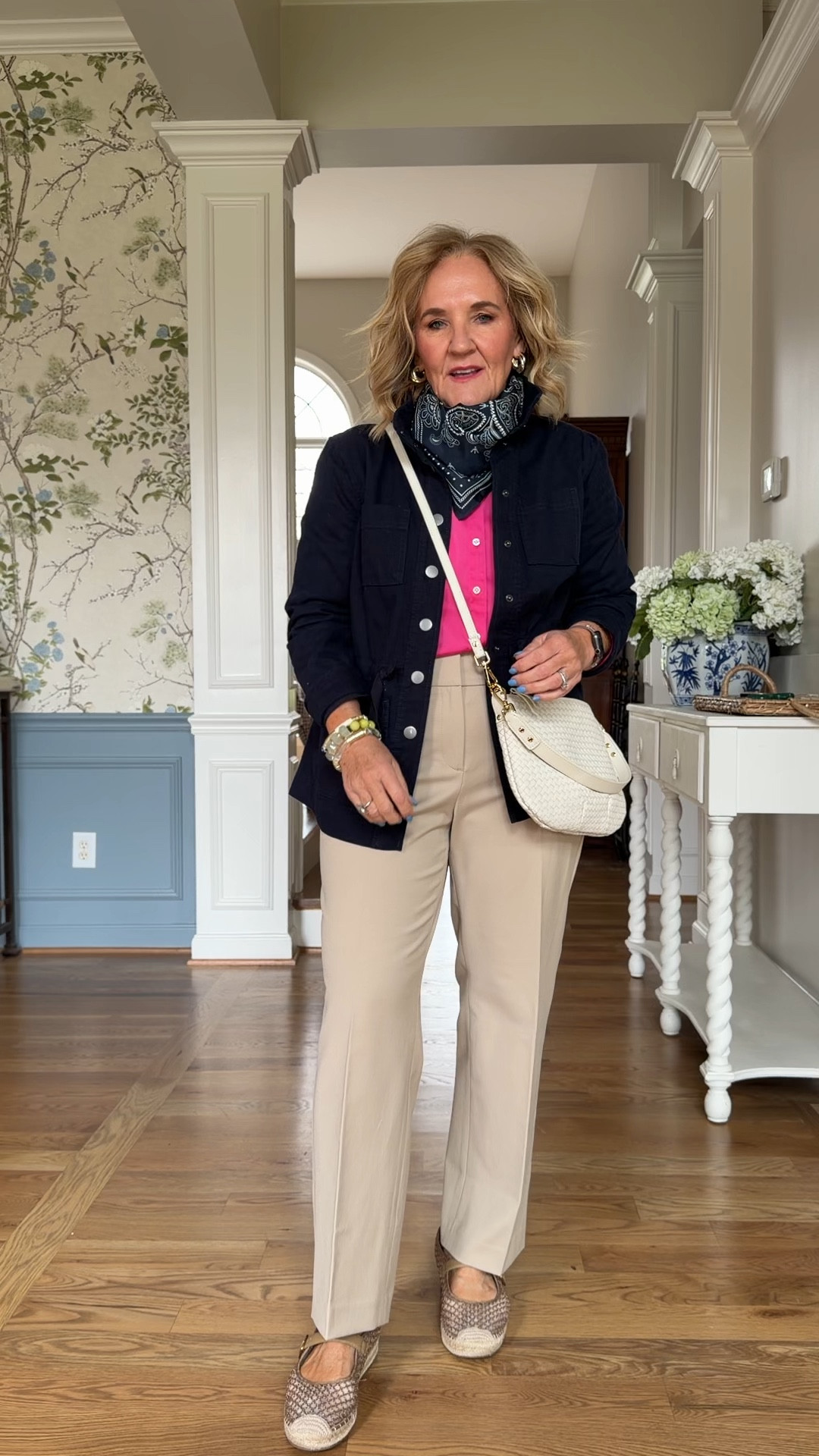 Another outfit from the Sudoku grid travel spring capsule
Satin blouse size medium petite 
pants size 8
Twill jacket medium petite 
denim popover size med petite
my scarf is by madewell and they have a very similar one this year. Love the oversized silk bandana 
20% off my bracelet stack code NANETTE20

 

#LTKOver40 #LTKSaleAlert #LTKTravel