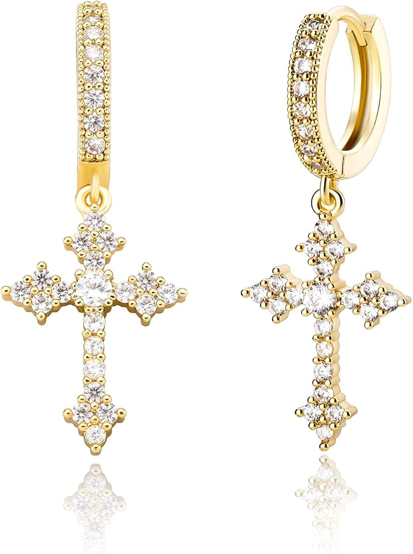JINAO 14K Gold Plated Iced Out cross earring Hoop Earrings Classical Cross earrings for Men Women... | Amazon (US)