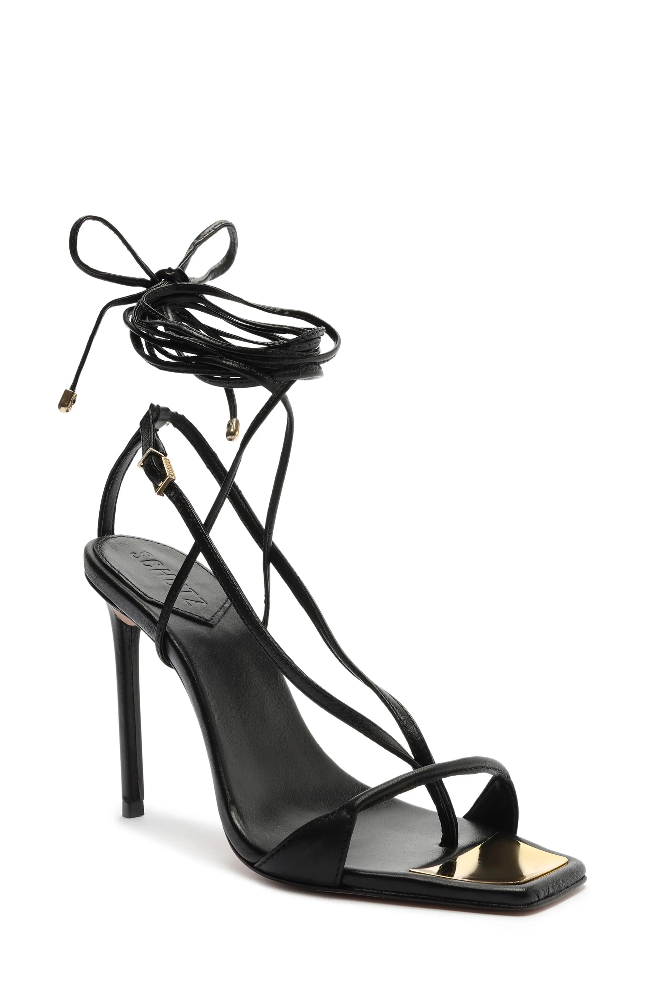 Schutz Vikki Ankle Tie Sandal, Size 7 in Black at Nordstrom | Nordstrom