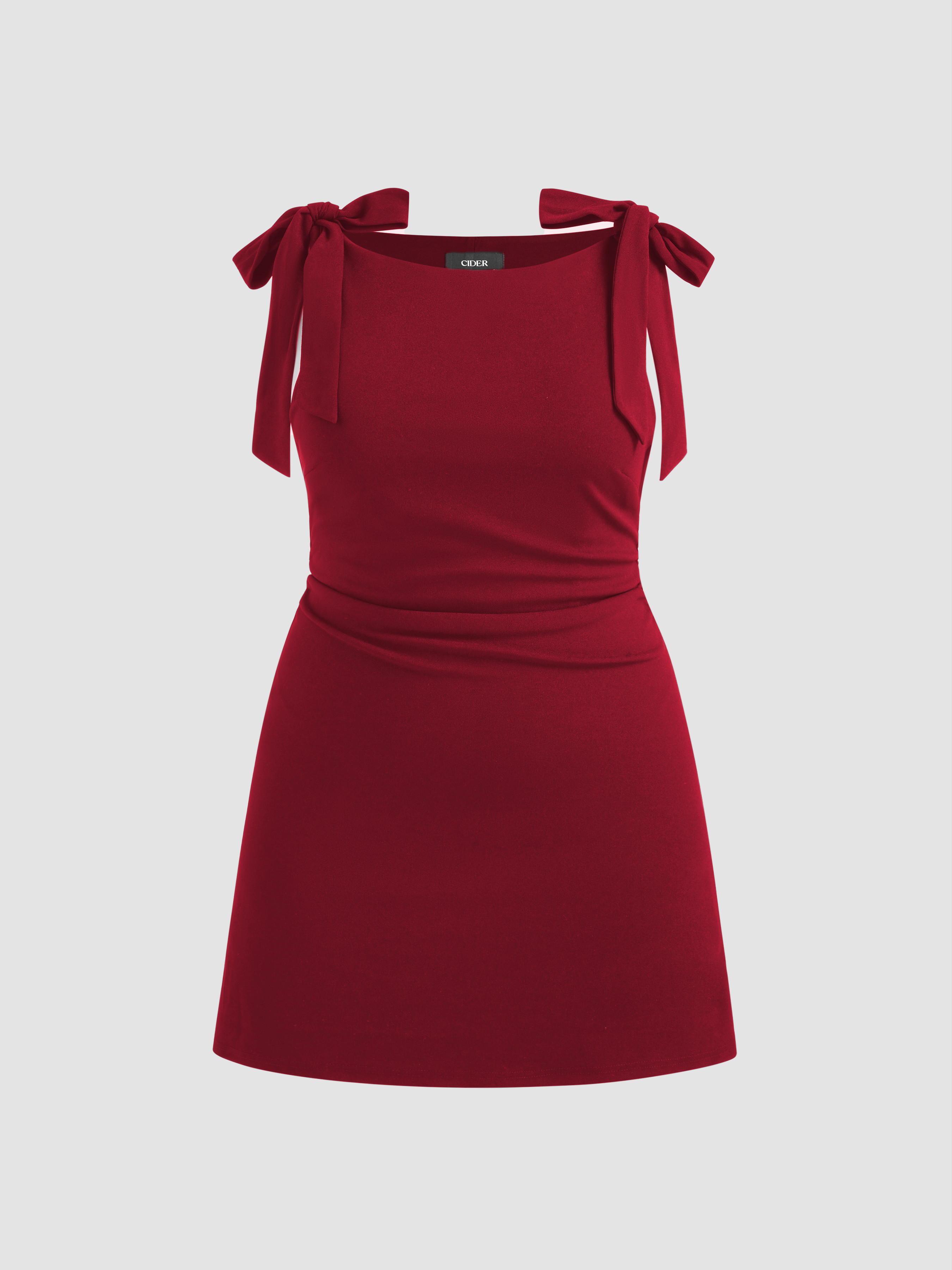 Bow Tie Dresses Knit Fabric Boat Neck Solid Ruched Bowknot Mini Dress Curve & Plus For Daily Casu... | Cider