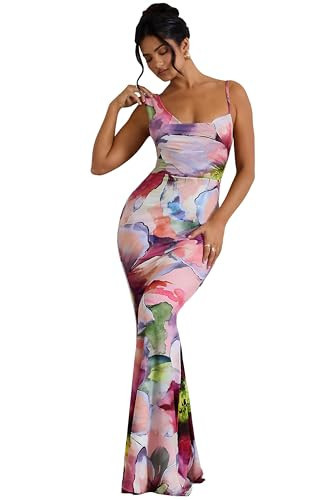 Infeel newz Bodycon Dresses for Women - Sexy Strap Shoulder Asymmetric Cowl Neck Backless Slim Long Elegant Party Maxi Dress Pink Floral | Amazon (US)
