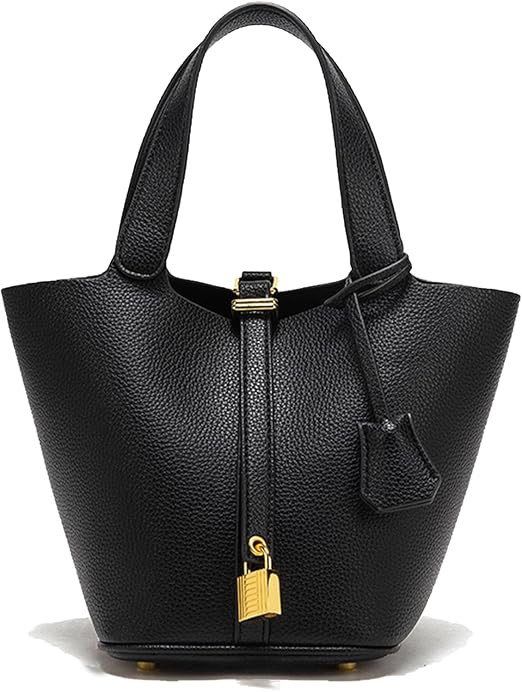 Genuine Leather Purses and Soft Bucket Bags, Stylish Lock Design Solid Color Tote Bag, Lychee Pat... | Amazon (US)