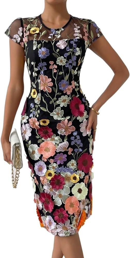 Short Sleeve Dress for Women Round Neck Floral Embroidery Contrast Mesh Dress | Amazon (US)