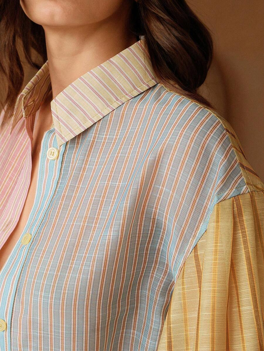 Anewsta Urban Chic Dopamine Asymmetrical Multicolor Striped Patchwork Polo Collar Lantern Sleeve ... | SHEIN
