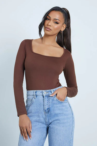 Chocolate Super Soft Square Neck Long Sleeve Bodysuit | ISAWITFIRST UK