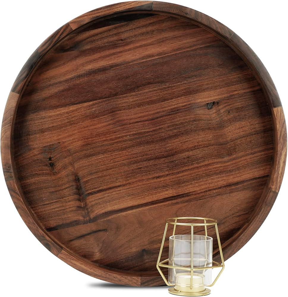 16 Inches Large Round Black Walnut Wood Ottoman Tray with Handles, Serve Tea, Coffee or Breakfast... | Amazon (CA)