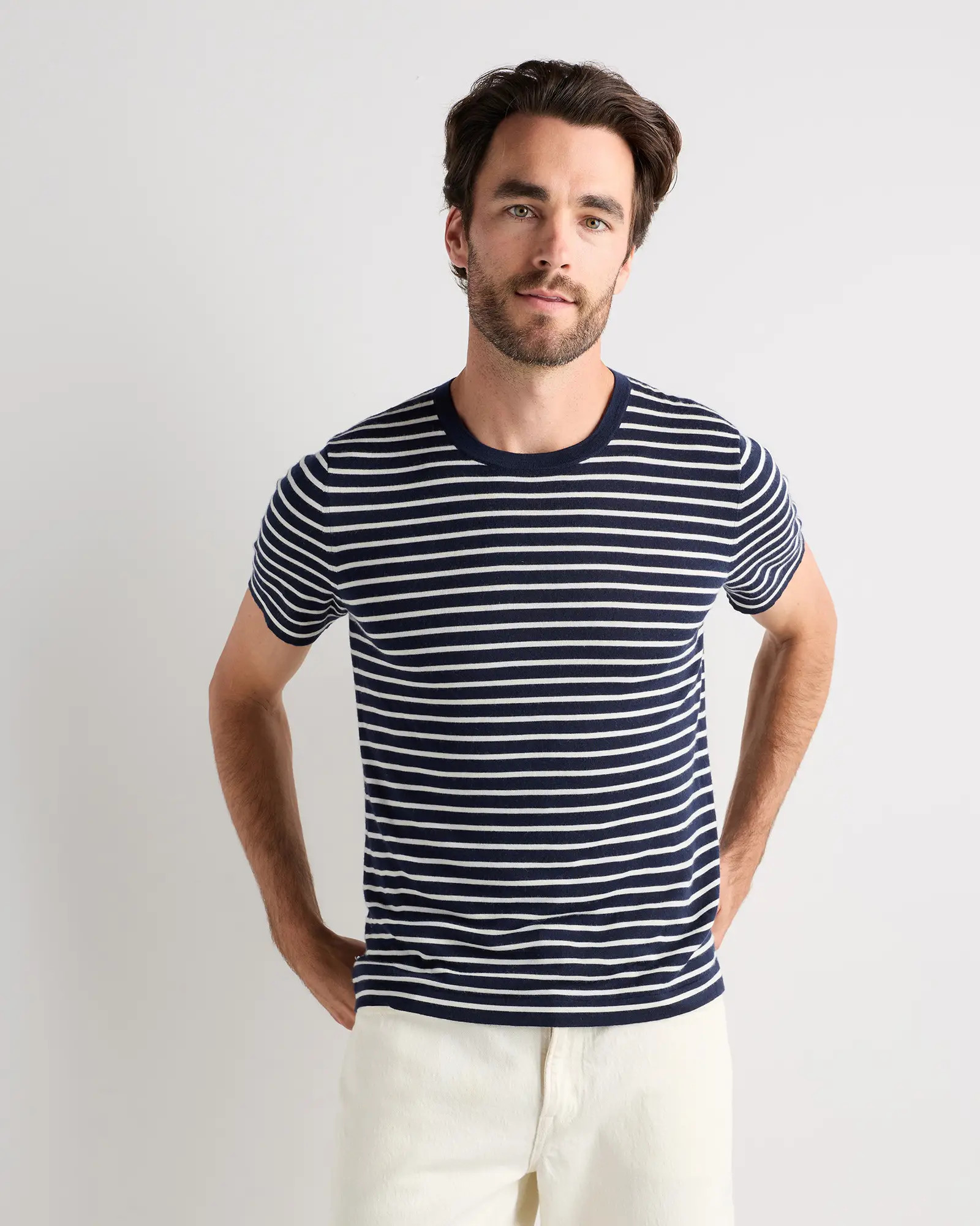 Men's 100% Superfine Mongolian Cashmere Tee in Navy/White | Quince