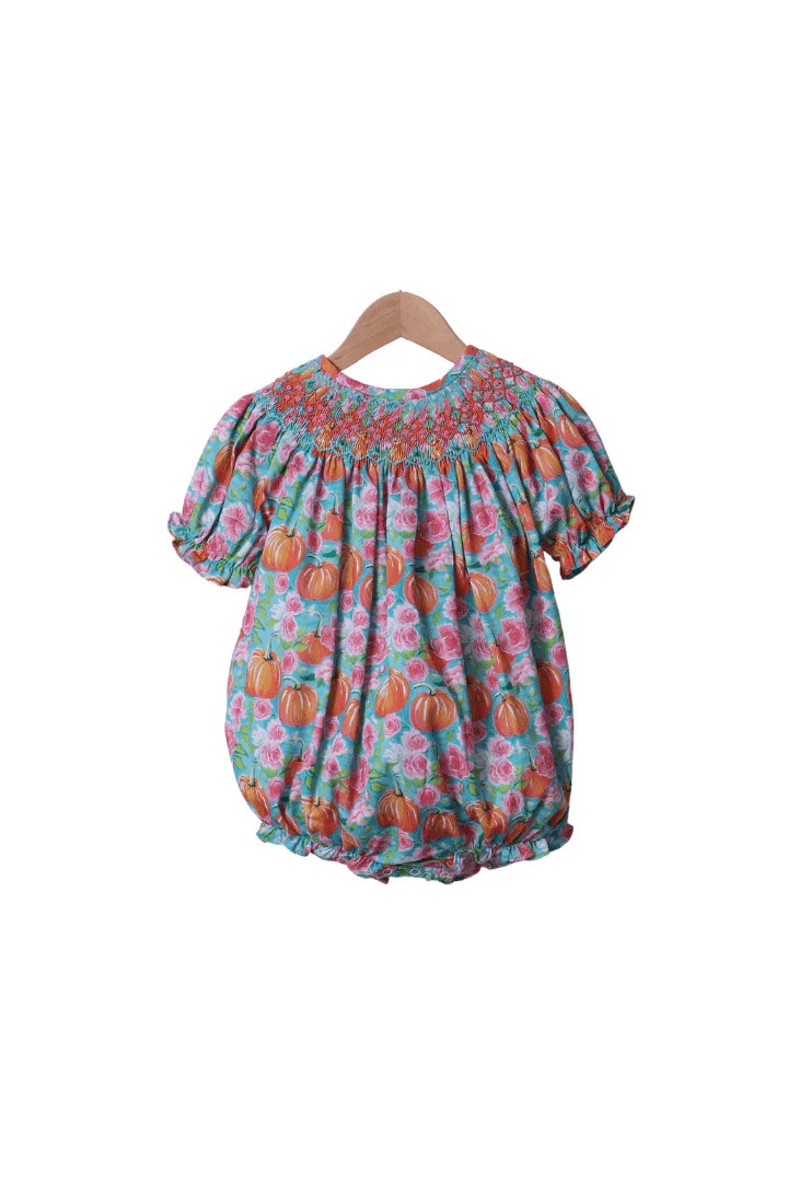 Smocked Turquoise Heirloom Floral Pumpkin Bubble | The Smocked Flamingo