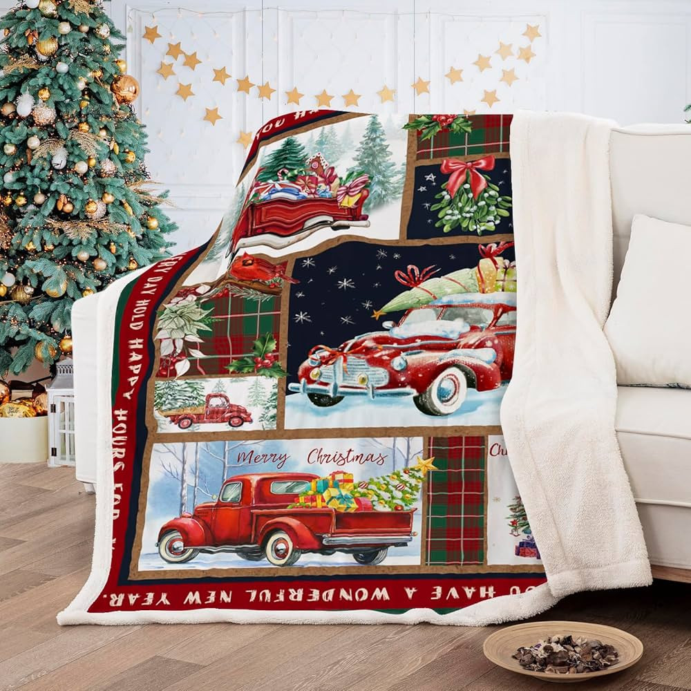 Christmas Throw Blanket Rustic Redbird Blanket Farm Truck with Christmas Tree Pattern Blanket Sof... | Amazon (US)