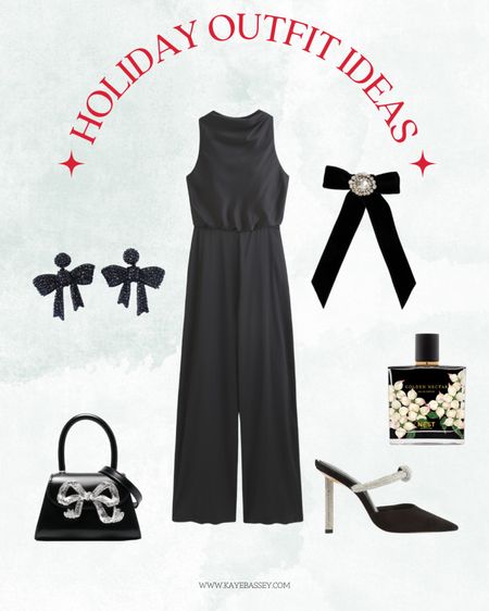 Holiday outfit ideas - this chic outfit is perfect for the season or for any holiday party! 
- slinky black jumpsuit 
- bow earrings 
- bow hair accessory
- embellished heels 
- bow handbag 

#holidays #holidayparty #partyoutfitideas #ootd #ootn

#LTKHoliday #LTKstyletip #LTKSeasonal