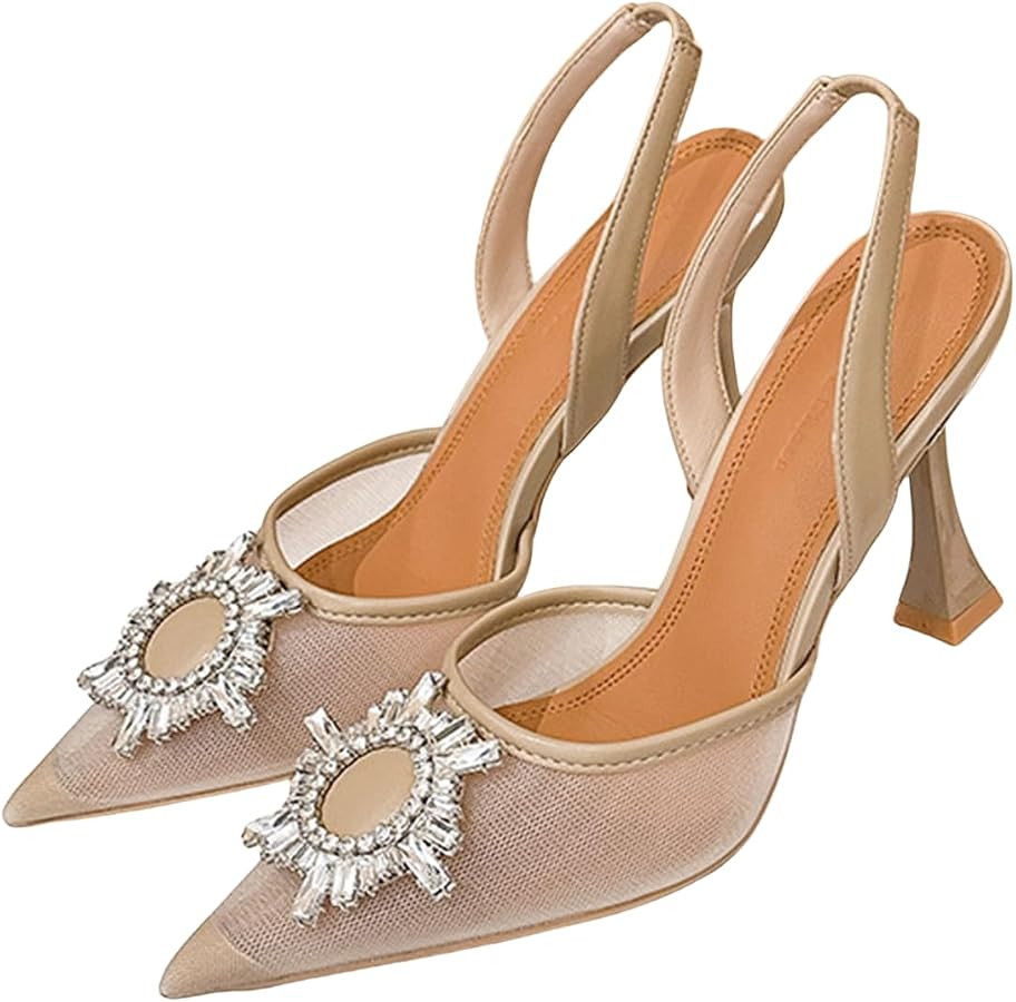 Mesh Slingback Pumps Shoes for Women Rhinestone Pointed Toe Pumps | Amazon (US)