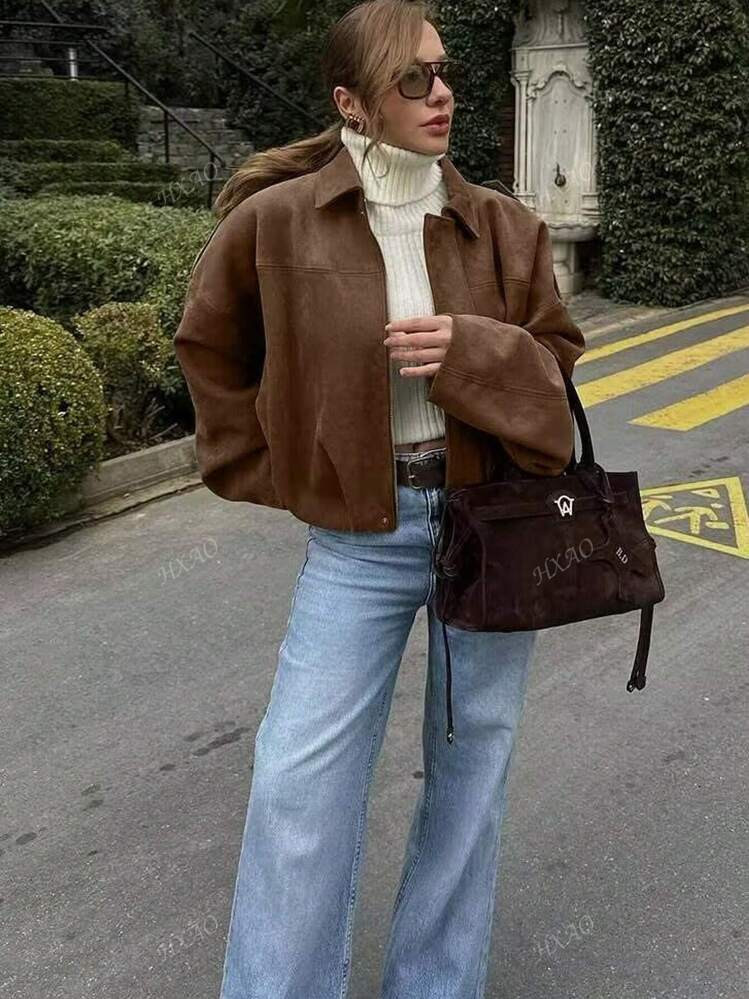 Women's Bomber Jacket Spring Coat Loose Long Sleeves Zip Vintage Jacket Ladies New Jacket Green Outerwears | SHEIN