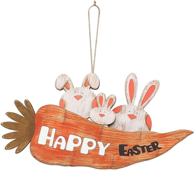 JIALEIXI Easter Happy Sign Decorations, Rustic Wooden Easter Front Door Wreaths with Bunny/Carrot... | Amazon (US)