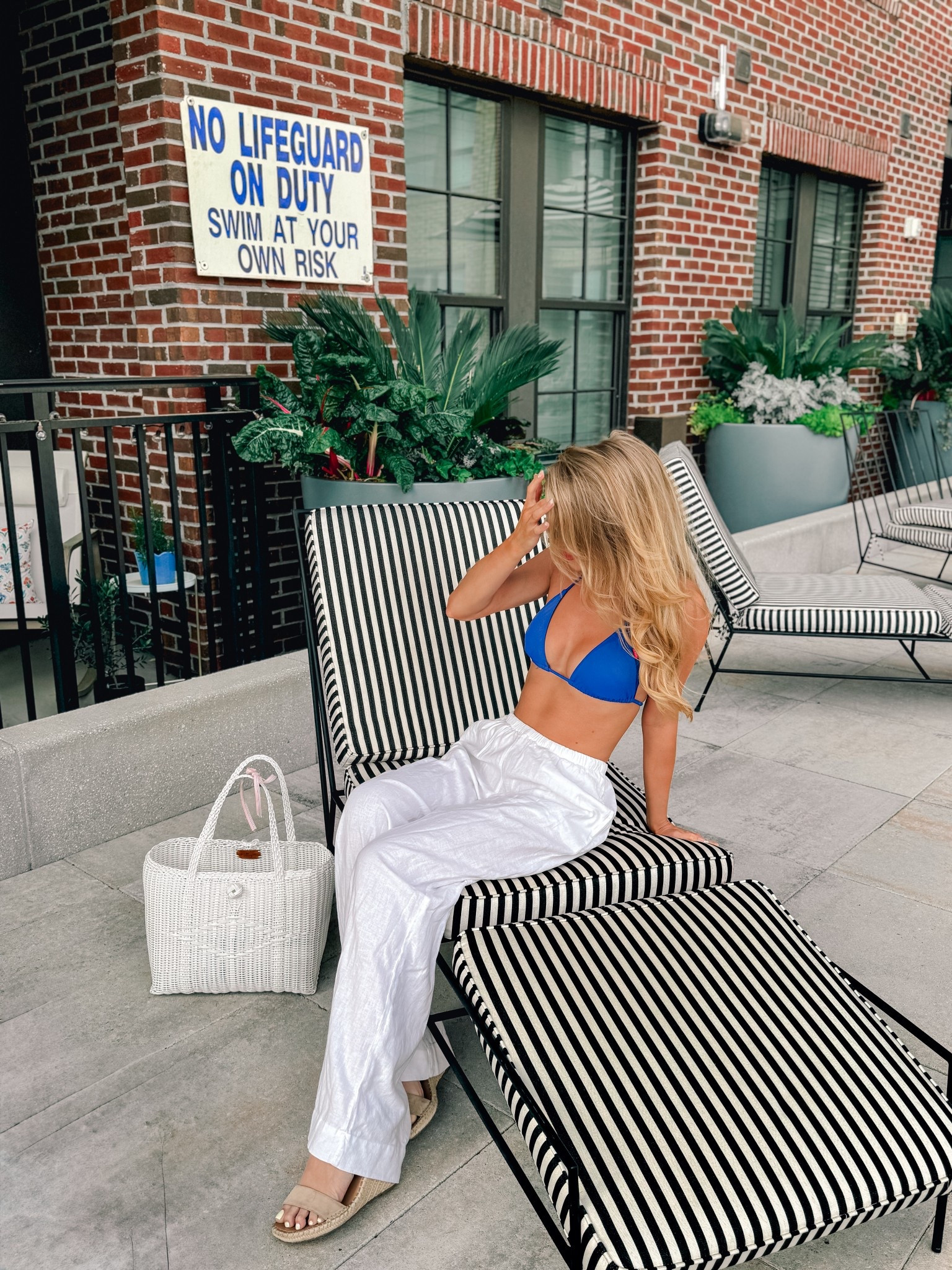 Spring summer poolside outfit 
Linen white pants 
Blue bikini 
White tote bag 
Casual 
Petite 

#LTKPetite #LTKSwim #LTKFindsUnder50