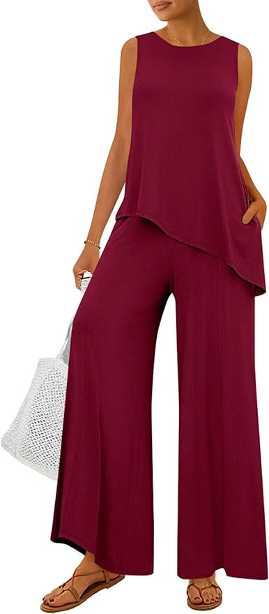 PRETTYGARDEN Women's 2026 Two Piece Matching Lounge Sets Asymmetrical Split Tank Tops Wide Leg Pa... | Amazon (US)