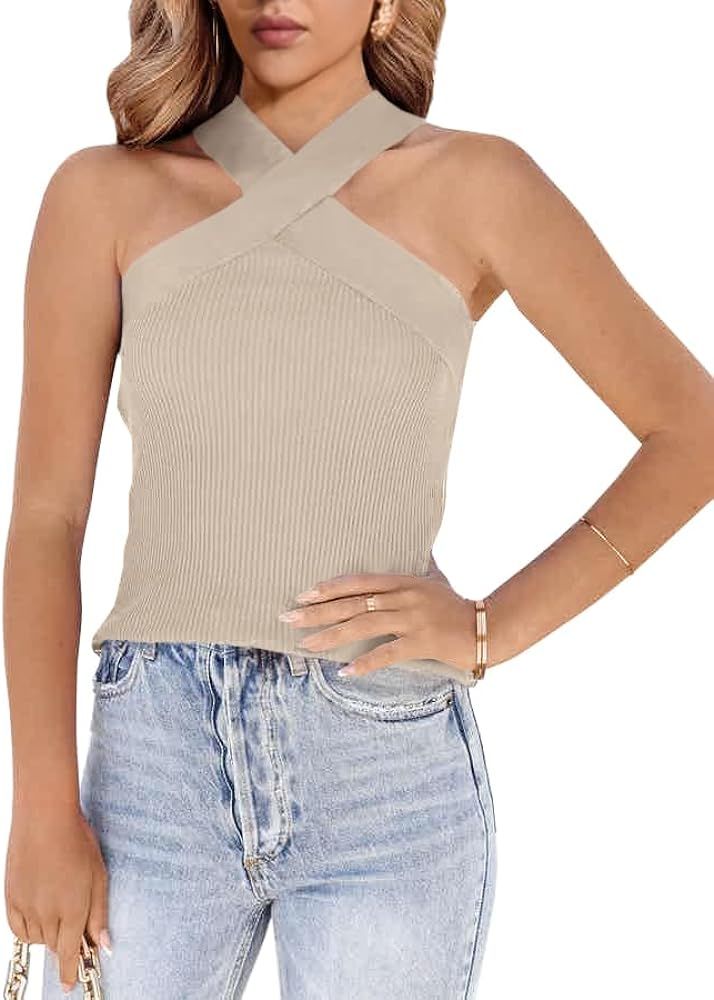 Womens Criss Cross Halter Sweater Vest Tops Summer Sleeveless Pullover Casual Lightweight V Neck ... | Amazon (US)