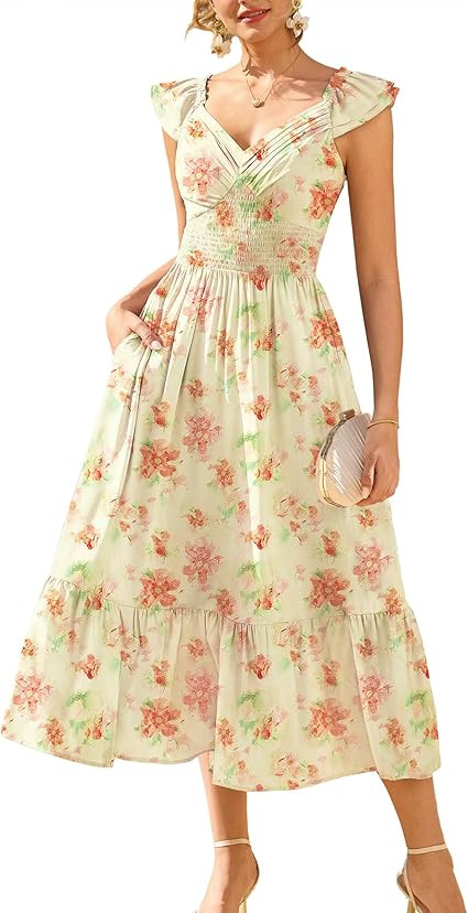 GRACE KARIN Women's Summer Floral Maxi Dress 2026 Ruffle Sleeve Smocked Sundress Flowy Wedding Gu... | Amazon (US)