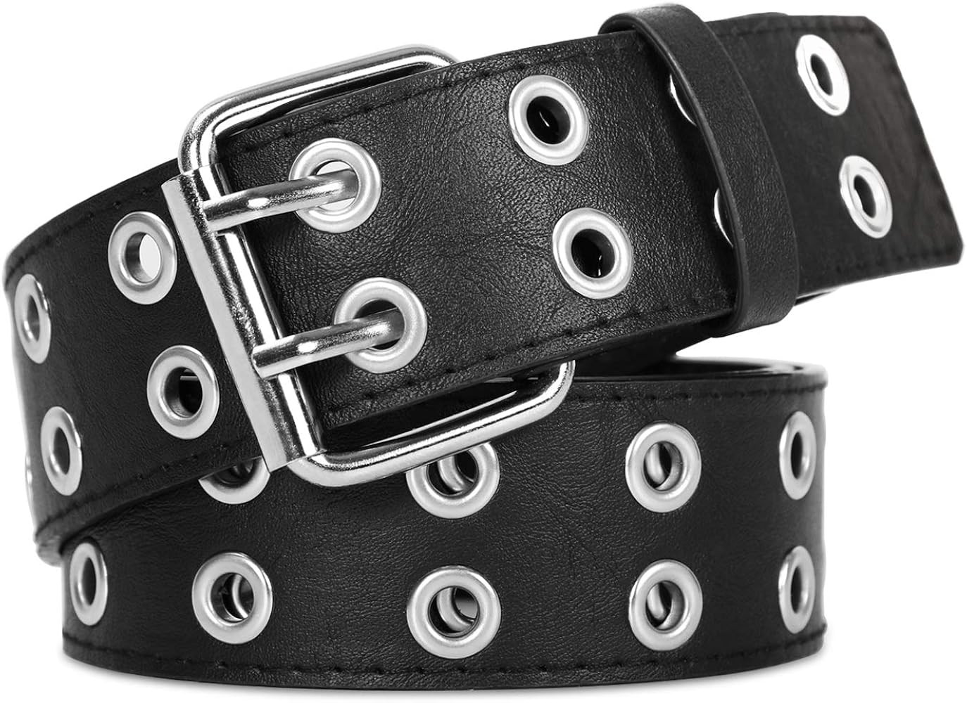 XZQTIVE Double Grommet PU Leather Belt for Women/Men Punk metal Jean Belt Wide 1.5 Inch | Amazon (US)
