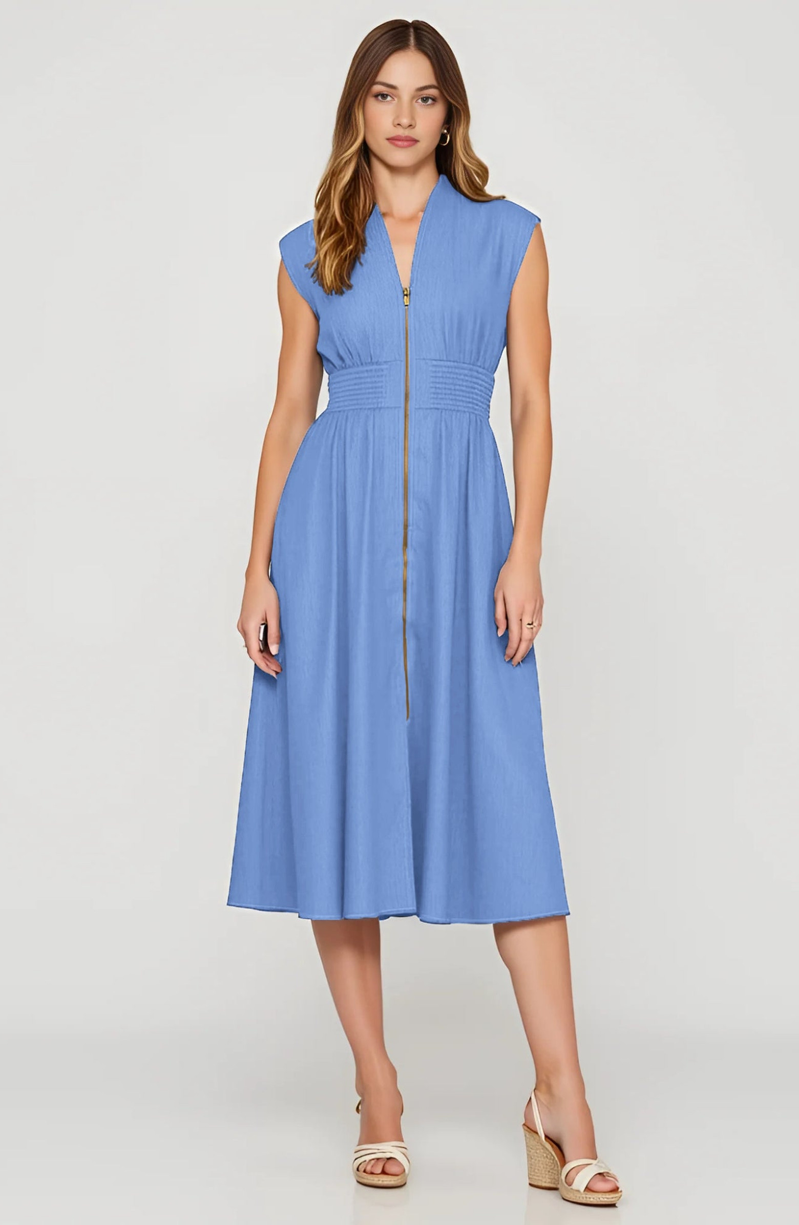 Zip Front Midi Dress with Cap Sleeves and Smocked Waist | Nordstrom