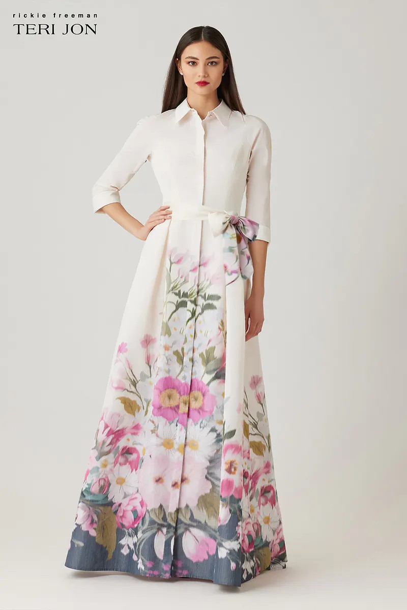 Taffeta Printed Floral Shirt Gown | TERI JON