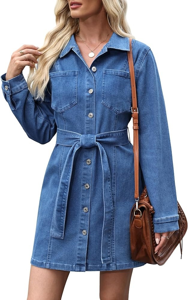 Women's Denim Dress Fall Winter Long Sleeve Jean Dress Button Down Denim Shirt Dresses with Pocke... | Amazon (US)