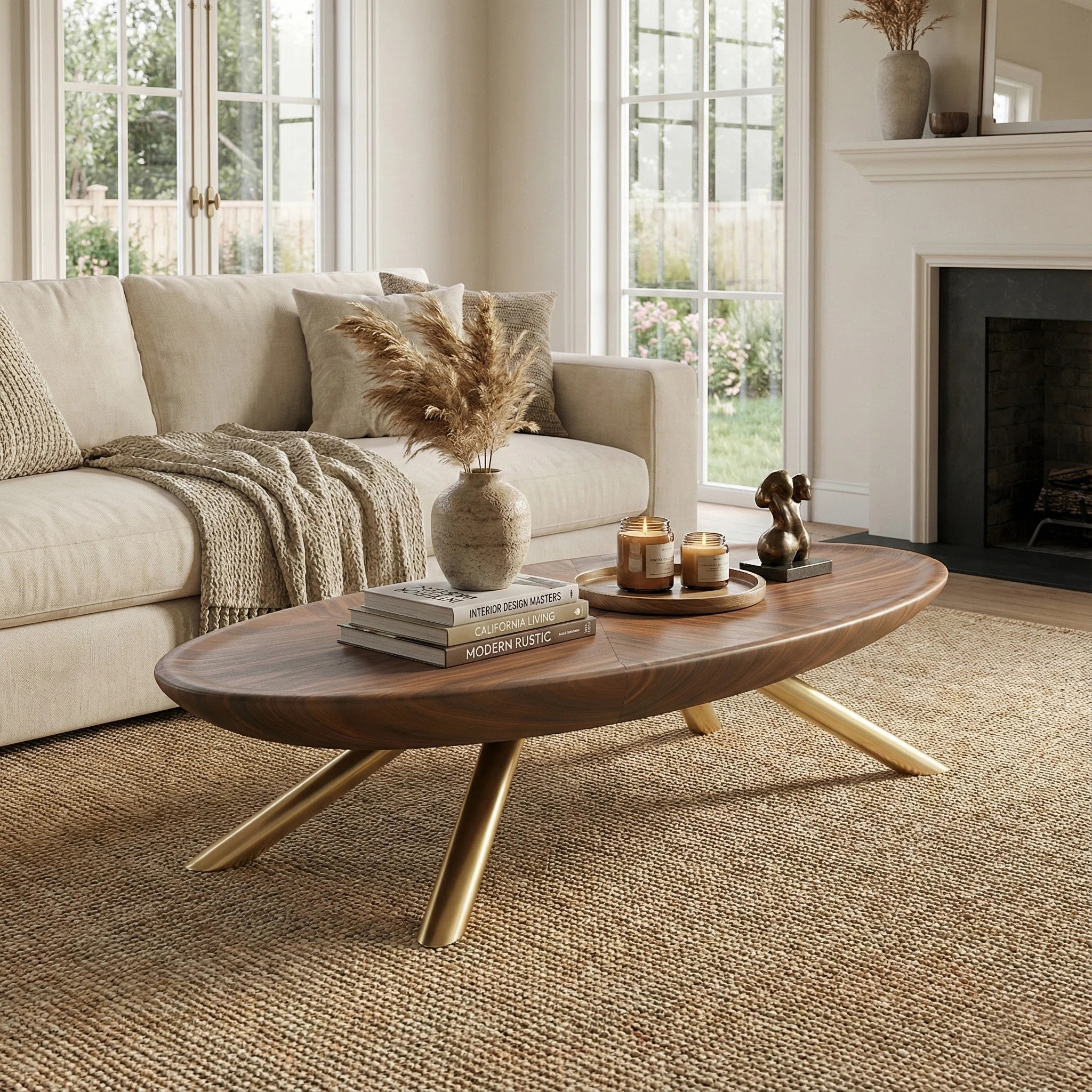 51" Oval Coffee Table, Modern Walnut Wood Cocktail Table with Gold Metal Legs, Mid-Century Center... | Wayfair North America