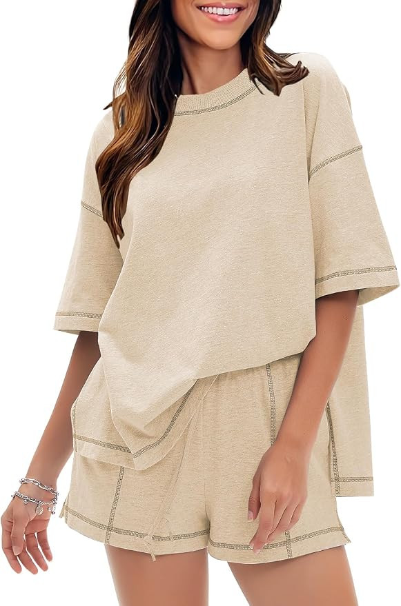 EXLURA Women's Casual Summer 2 Piece Sets 100% Cotton Short Sleeve Tshirt and Shorts Matching Swe... | Amazon (US)