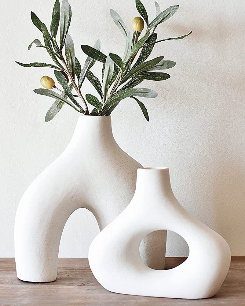 Carrot's Den Donut Vase, Set of 2 - Minimalist Nordic, White Ceramic Hollow Donut Vase Decor | Table Centerpiece, Olive Plant, Wedding, Living Room, Bookshelf, Office, Modern Home, Entryway, Console | Amazon (US)