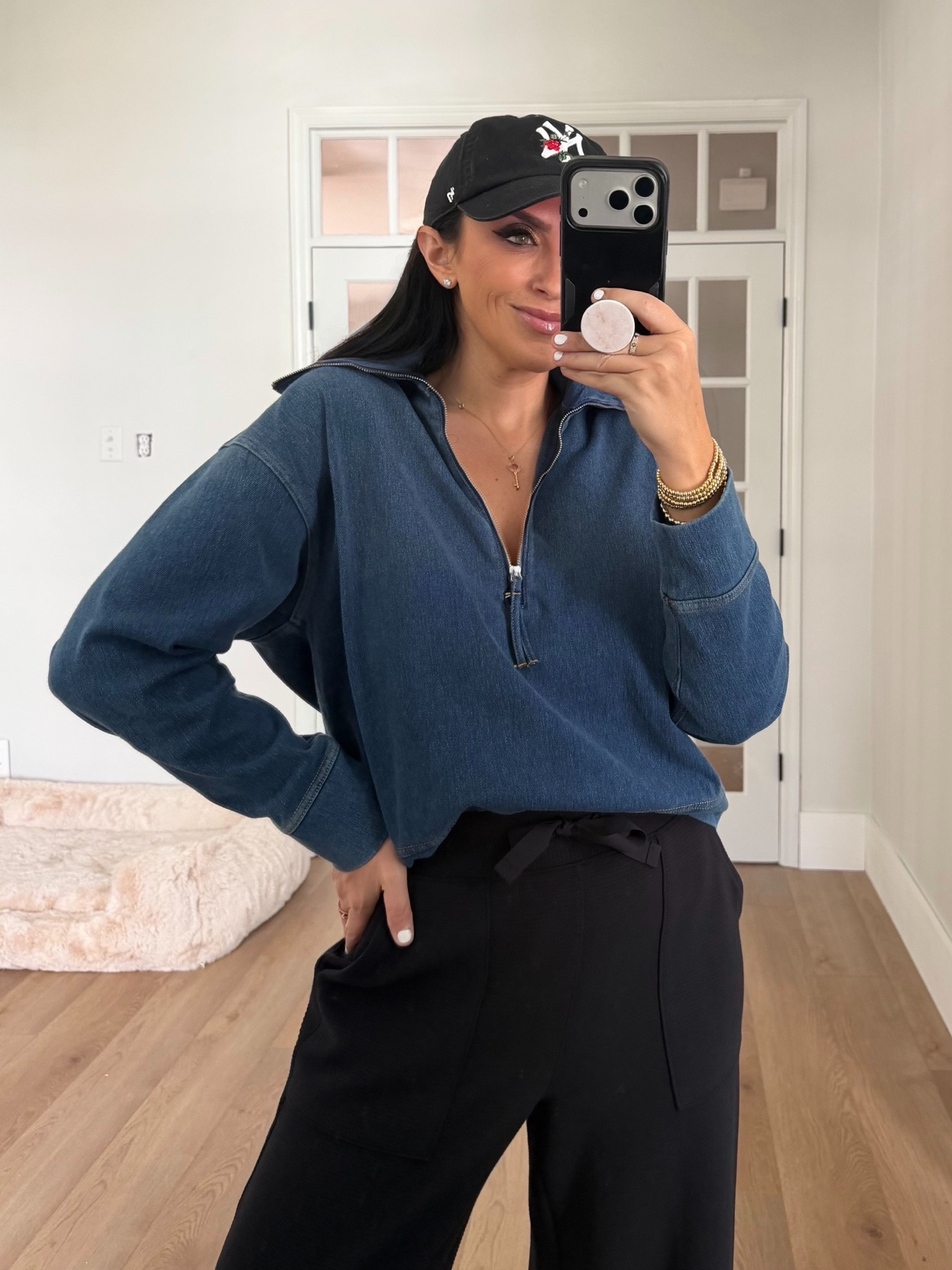 SPANX® Denim-ish Half Zip wearing size small. Spanx wide leg pants
