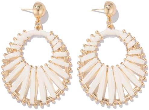 Gold Raffia Earrings Boho Summer Beach Jewelry Trendy Statement Dangle Drop Earrings for Women | Amazon (US)