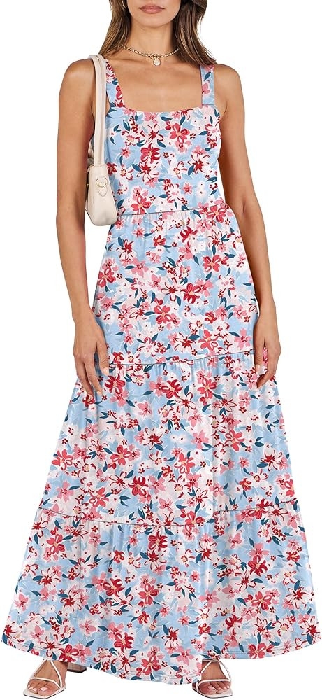 ANRABESS Women's Summer Casual Long Maxi Beach Vacation Dresses Sleeveless Square Neck Flowy Tier... | Amazon (US)