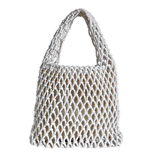 Hixixi Women Mini Clutch Handbag Fishing Net Bucket Bag Cotton Rope Crochet Drawstring Woven Beach Bag Small Pouch Purse (Ivory) | Amazon (US)