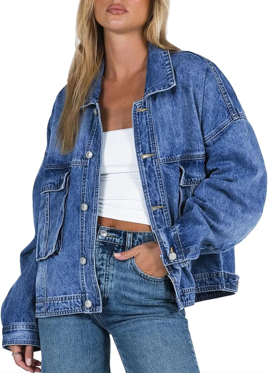 PuliPuqi Women's Oversized Stretch Long Denim Jacket | Walmart (US)