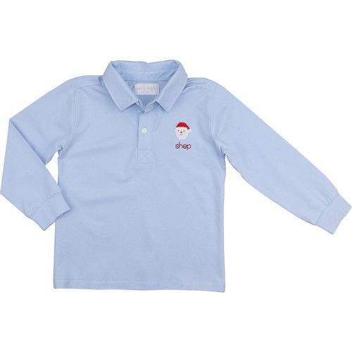Blue Knit Embroidered Santa Face Polo Shirt | Cecil and Lou