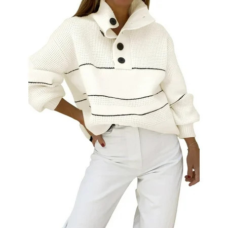 Women'S Slouchy Waffle Knit Sweater 1/2 Button Collared Pullover Striped Sweater Tops White M | Walmart (US)