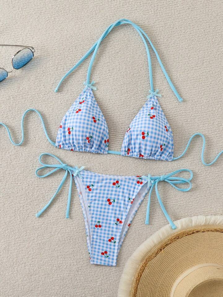 SHEIN Swim Mod Women's Vacation Plaid Cherry Printed Halter Neck Tie Sexy Bikini Set,Summer Beach | SHEIN