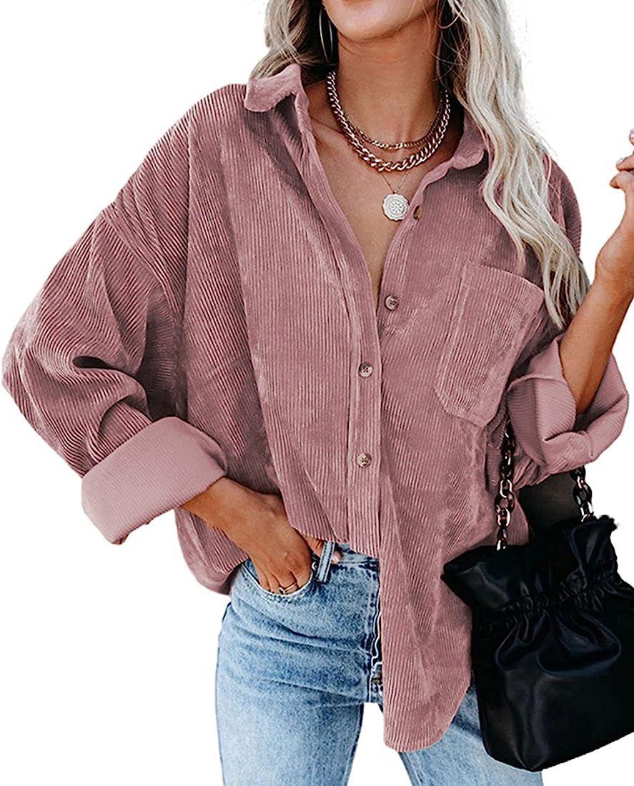 Women's Corduroy Shirts Long Sleeve Jacket Loose Casual Button Down Blouses Tops with Pockets | Amazon (US)
